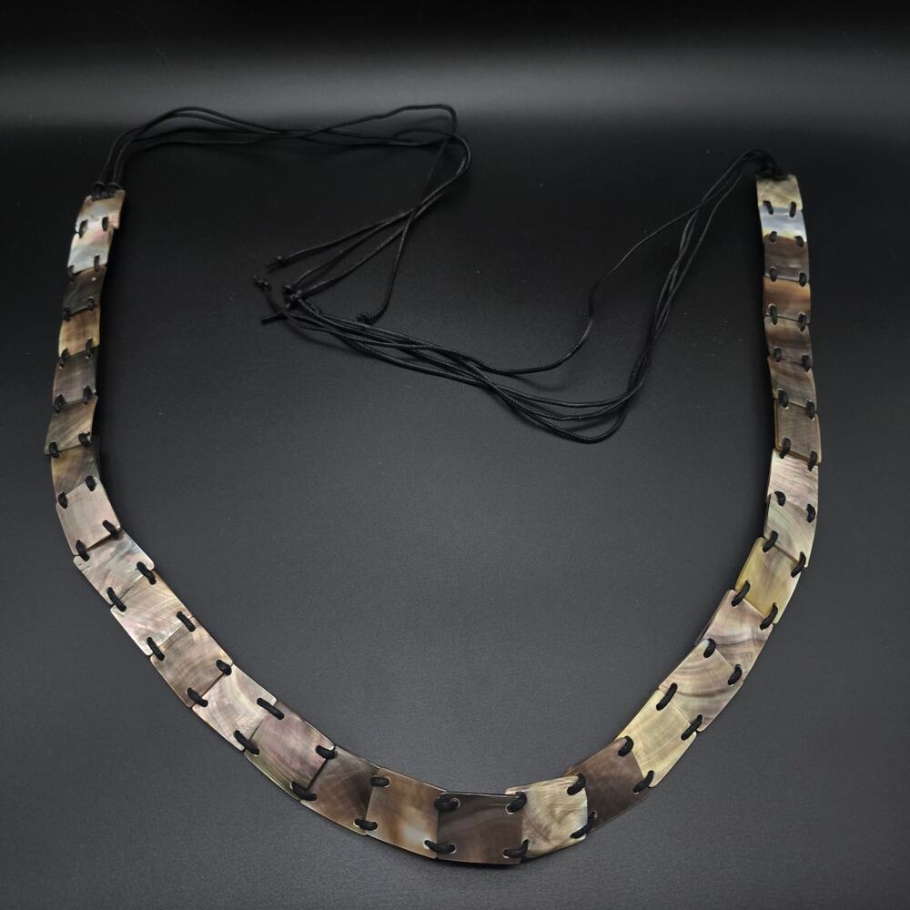 Brown Shell Belt Rectangle Black Cord Tie Beachy Boho Woman's Accessory